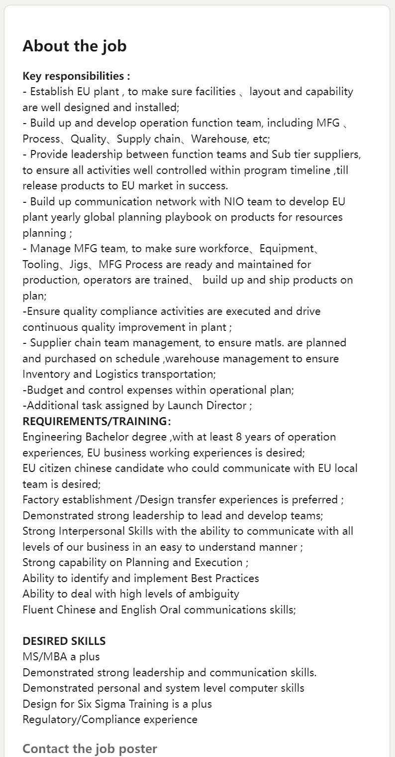 Nio's job ad reveals plan to build factory in Poland