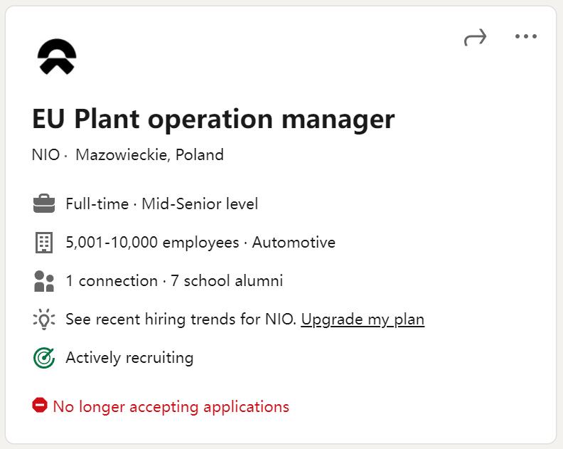 Nio's job ad reveals plan to build factory in Poland