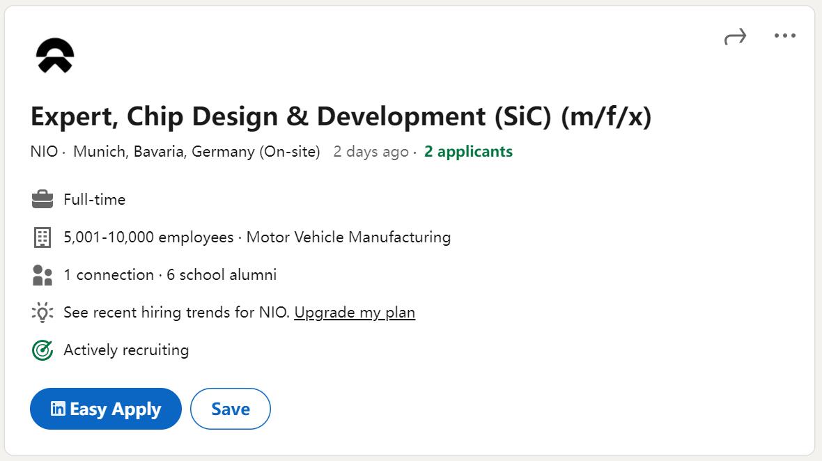 Nio hiring semiconductor talents in Germany for SiC and IGBT chip design