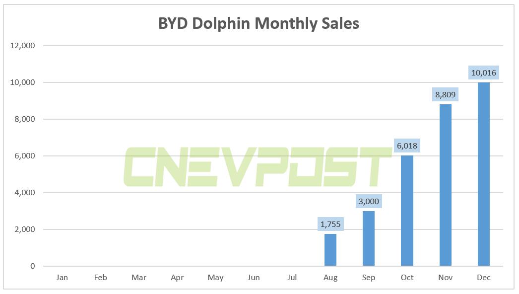 BYD Dolphin sold 10,016 units in Dec, up 13.7% from Nov