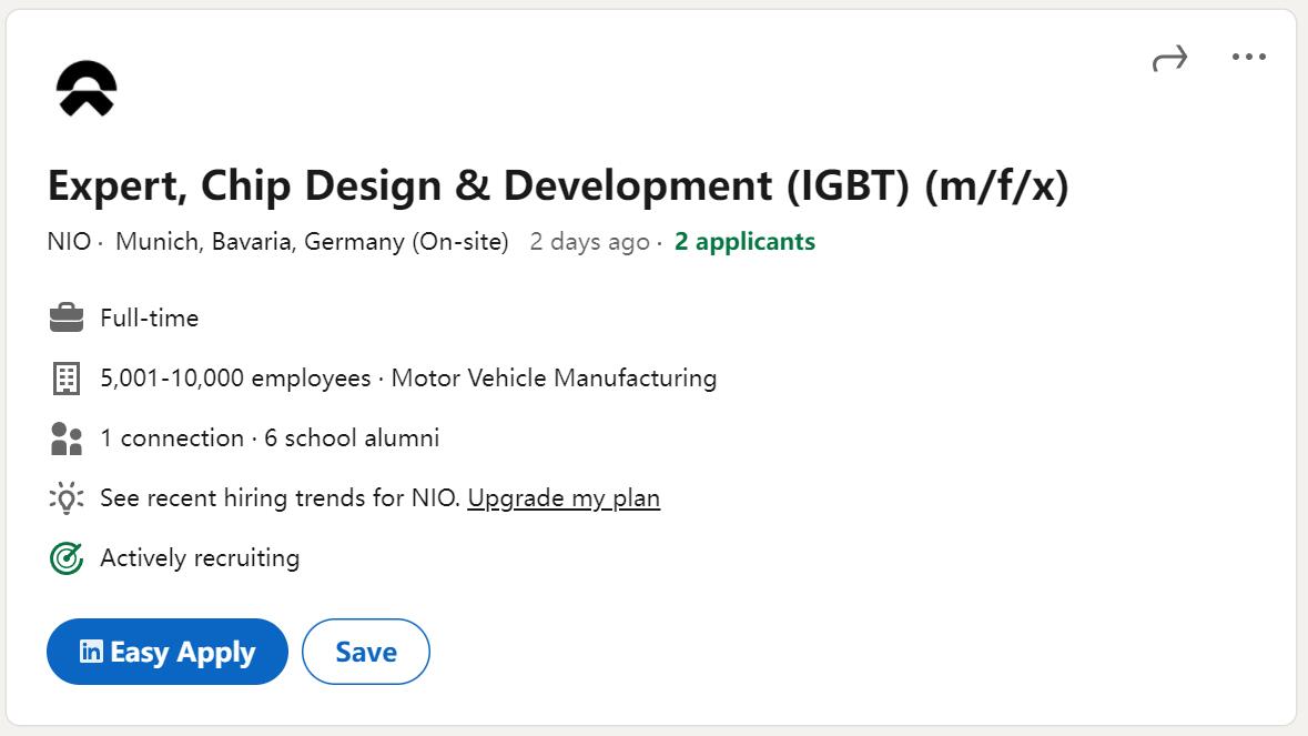 Nio hiring semiconductor talents in Germany for SiC and IGBT chip design