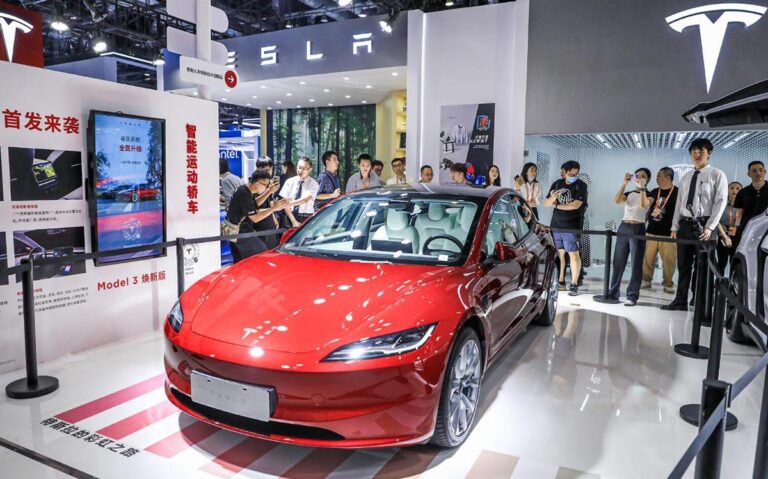 Tesla's revamped Model 3 makes real-life China debut at Beijing trade fair