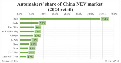 Automakers' share of China NEV market in 2024: BYD tops with 34.1%, Tesla 3rd with 6.0%
