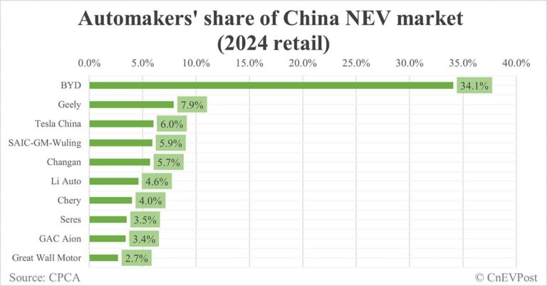 Automakers' share of China NEV market in 2024: BYD tops with 34.1%, Tesla 3rd with 6.0%