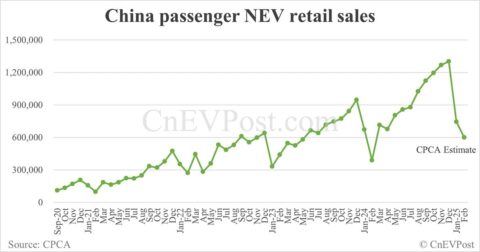 CPCA expects China Feb NEV retail at 600,000, down 19% from Jan