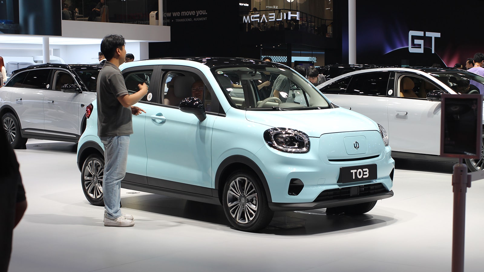A Leapmotor T03 compact EV displayed at the April 2025 Shanghai auto show.