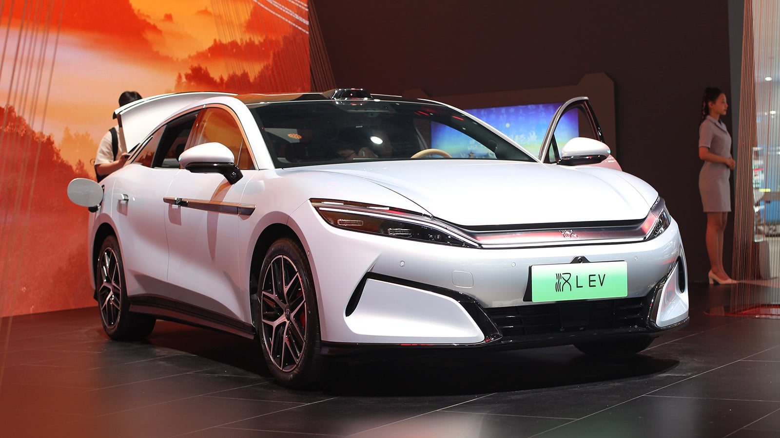 A BYD Han L EV displayed at the Shanghai auto show in April 2025.