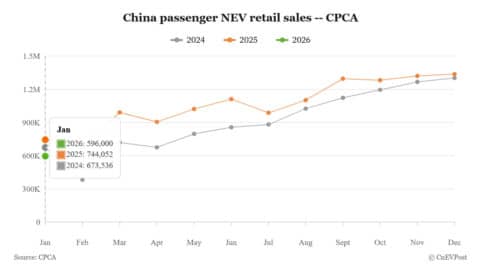 China Jan NEV retail sales down 20% year-on-year, 1st drop in 2 years